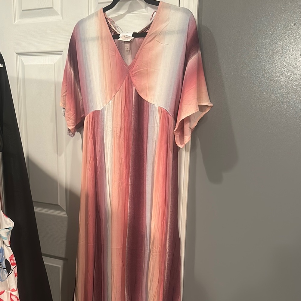 Striped V-Neck Maxi Dress in Peach and Mauve